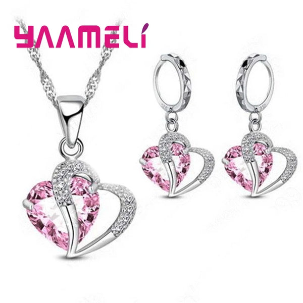 Heart CZ Crystal Necklace Earrings Set