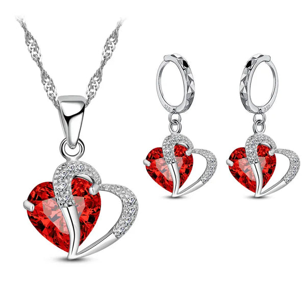 Heart CZ Crystal Necklace Earrings Set